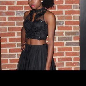 Windsor HOCO 2pc Dress. Black Halter top, Skirt, Mesh Back Sequins Lace PolkaDot